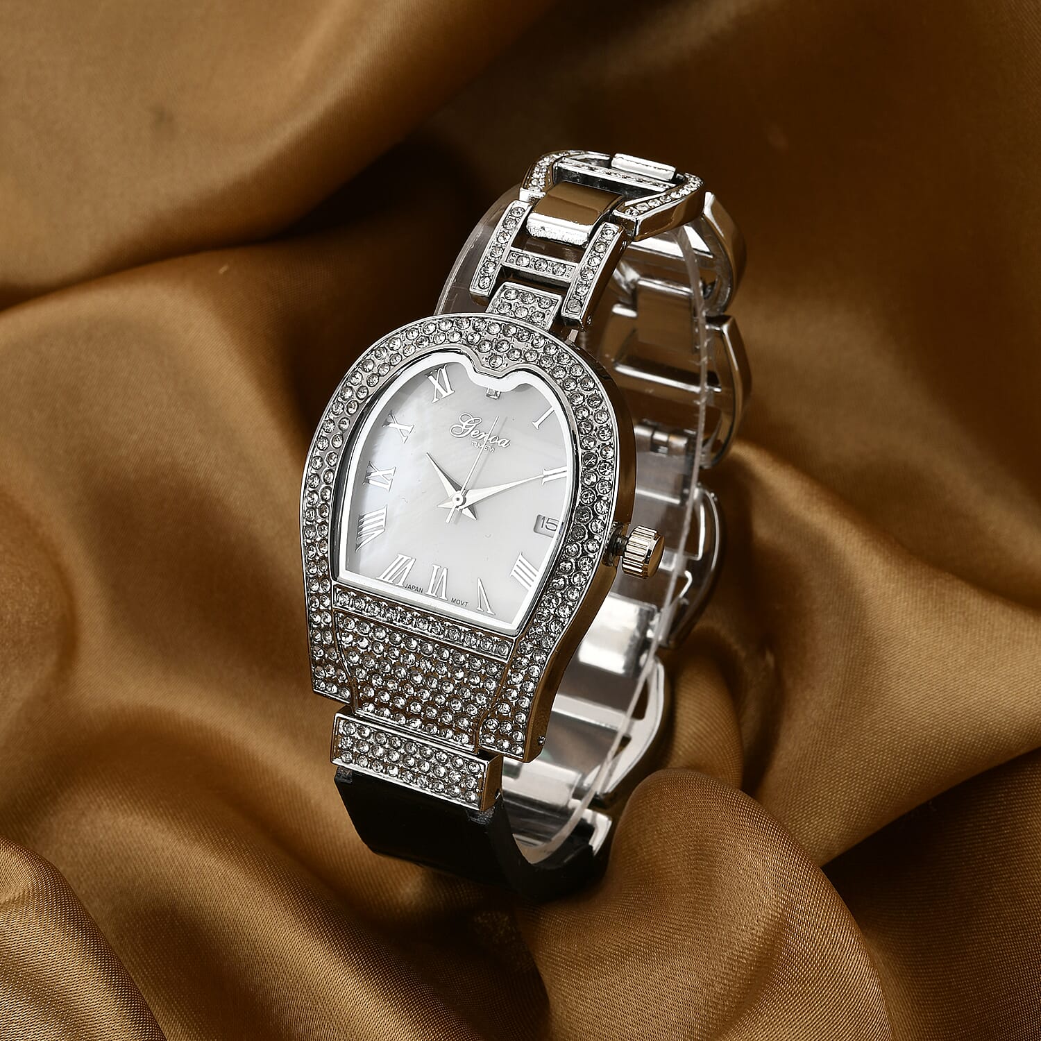 GENOA TIME V2 Seiko VJ32 with Date Japan Movement 3ATM Water Resistant White Crystal MOP Dial Watch with Black Leather & Alloy Strap